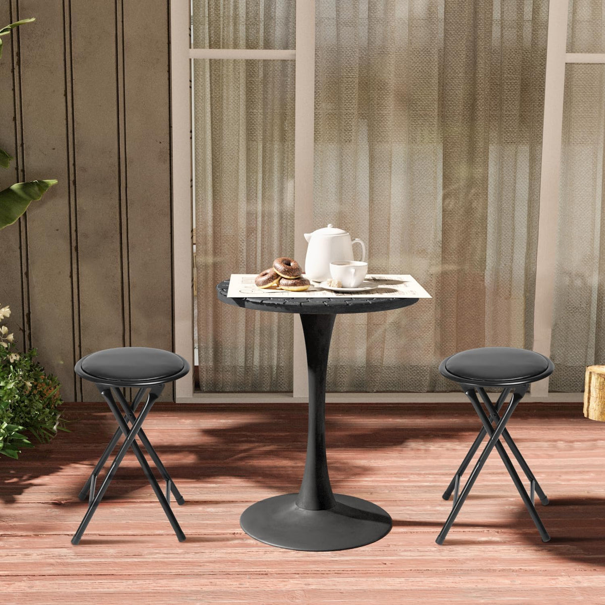 FurnitureR Folding Stool, Backless 18-Inch Stool Chair Collapsible Padded Round Portable for Indoor/Outdoor, Metal Frame, PVC Cushion, No Assembly Required, Set of 1, Black