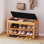 PARTPHONER Shoe Rack Bench with Storage, 2-Tier Solid Wood Entryway Bench with Cotton-Linen Cushion, Multipurpose Storage Organizer Bench for Bedroom, Hallway, Living Room, 31.5”
