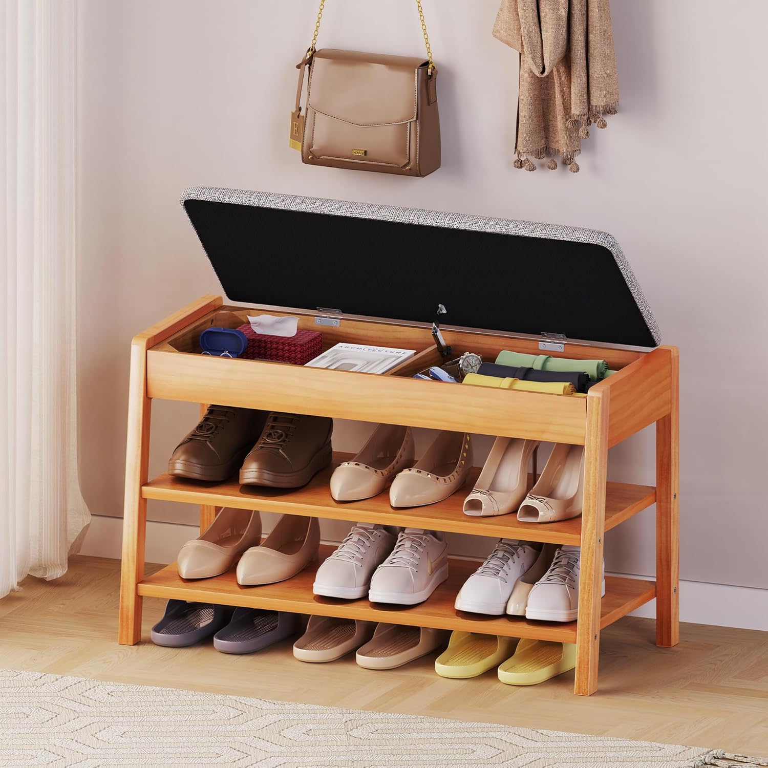 PARTPHONER Shoe Rack Bench with Storage, 2-Tier Solid Wood Entryway Bench with Cotton-Linen Cushion, Multipurpose Storage Organizer Bench for Bedroom, Hallway, Living Room, 31.5”