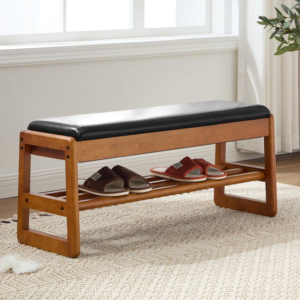 39.3" Shoe Rack Bench,2 Tiers Shoe Bench with Storage,Walnut Storage Bench with Faux Leather Cushion for Entrance Entryway Hallway Walnut PU Black