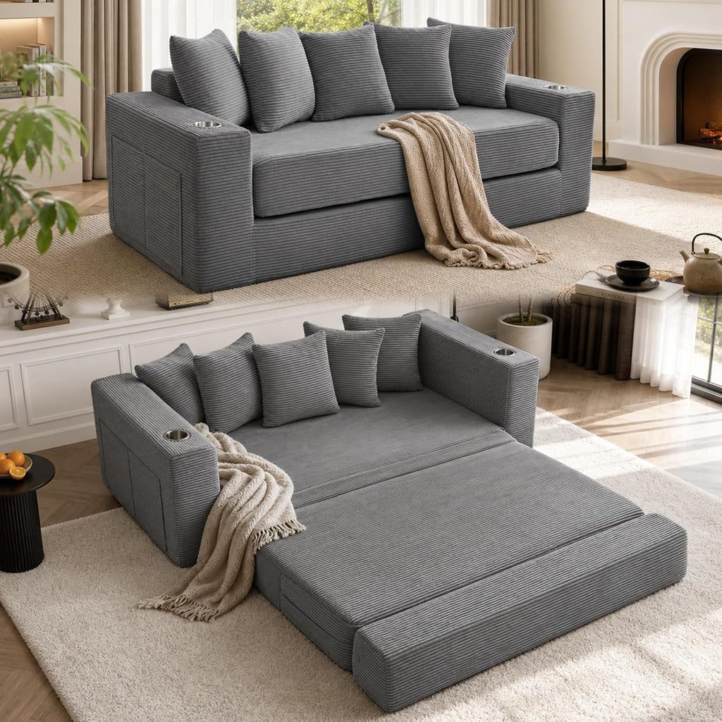 76" Convertible Sofa Bed, Corduroy Couch with Cup Holders & Pocket | 2-in-1 Sleeper Sofa, Pull-out Couch Bed with 5 Pillows, Living Room, Small Spaces, Bedroom, No Assembly
