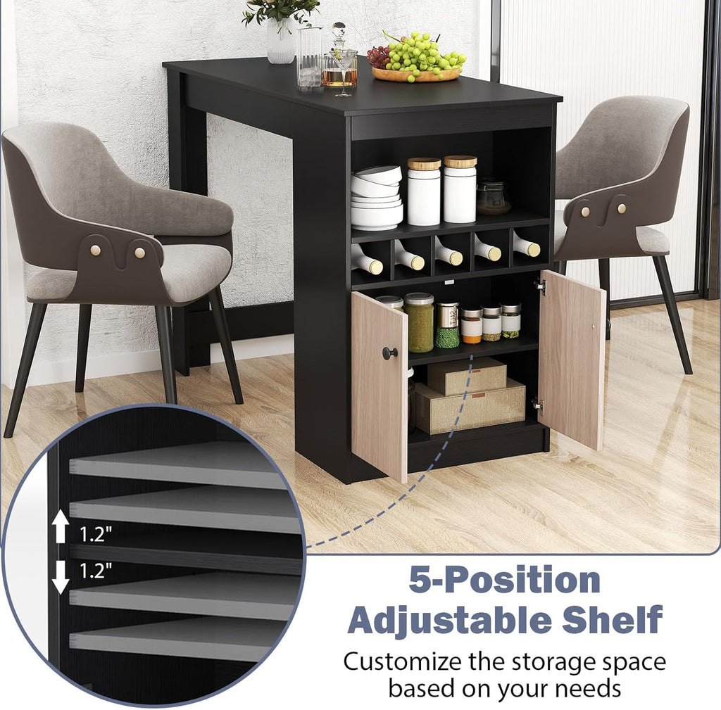 Giantex 48" Dining Table, Counter Height Bar Table with Storage Cabinet, Wine Rack, Compartment & Adjustable Shelf, Modern Bistro Tables for Home, Coffee Shop, Kitchen, Pub, Black & Gray