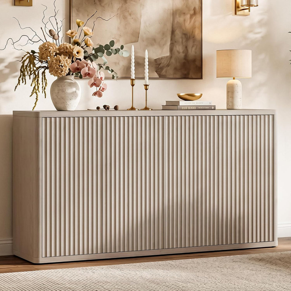 SICOTAS Buffet Cabinet with Storage Accent Sideboard with 4 Doors 66.3" Wide Fluted Credenza Modern Buffet Table Media Console Cabinet Entryway Cabinets for Living Room Kitchen Dining Room Hallway
