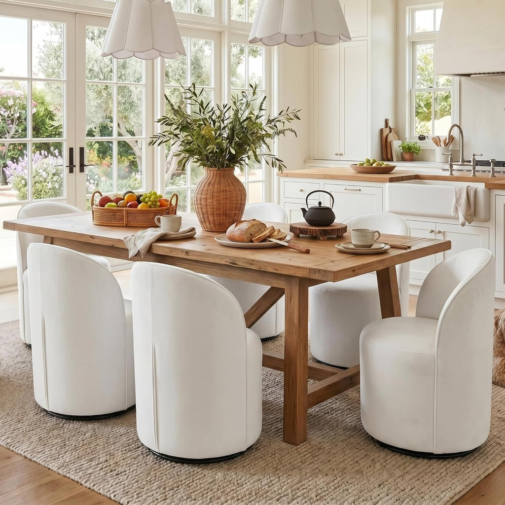 HNY Upholstered Swivel Dining Chairs Set of 6, Mid Century Modern Kitchen Round Velvet Dining Room Chairs, Barrel Comfy Armless Accent Makeup Vanity Side Chairs for Living Room, White
