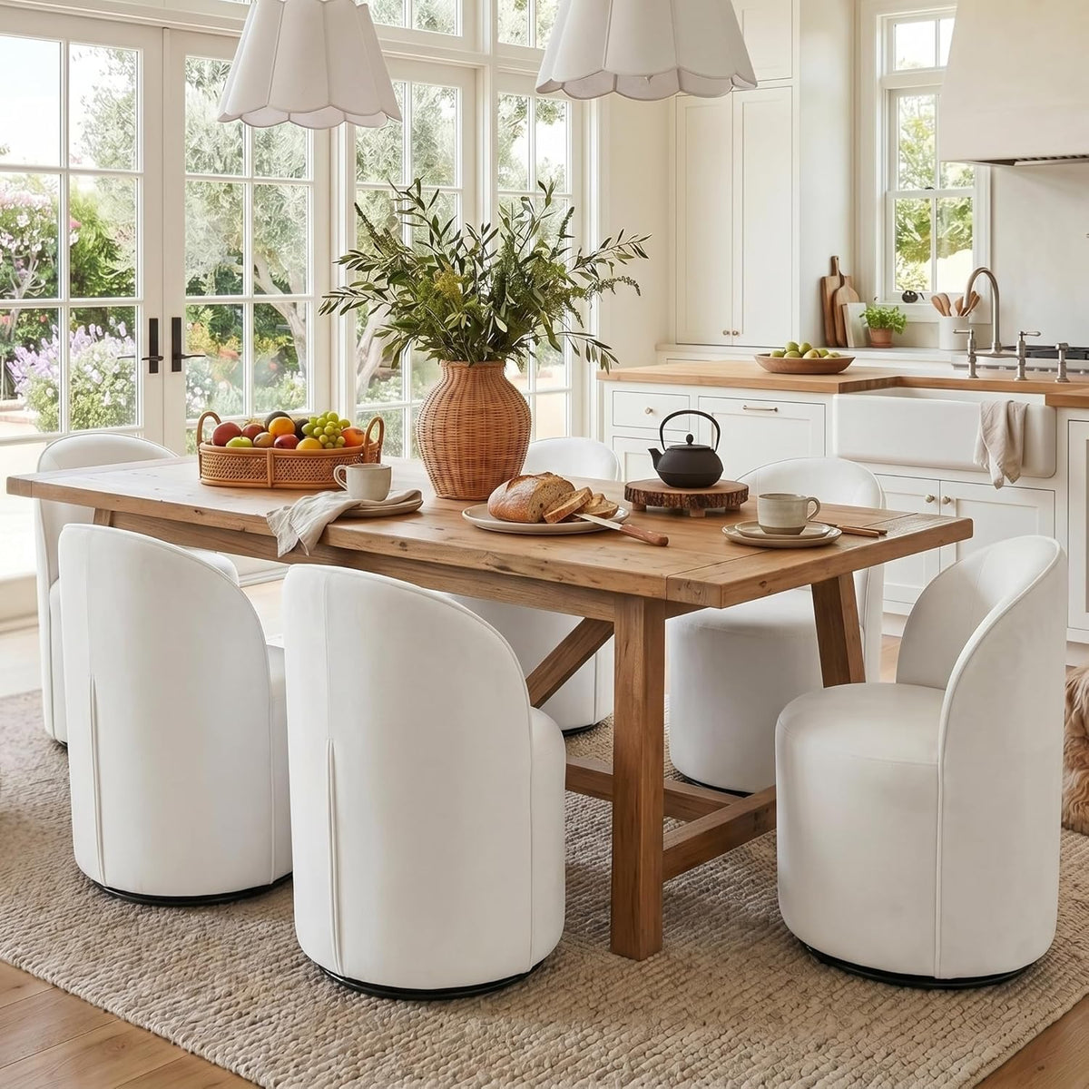HNY Upholstered Swivel Dining Chairs Set of 6, Mid Century Modern Kitchen Round Velvet Dining Room Chairs, Barrel Comfy Armless Accent Makeup Vanity Side Chairs for Living Room, White