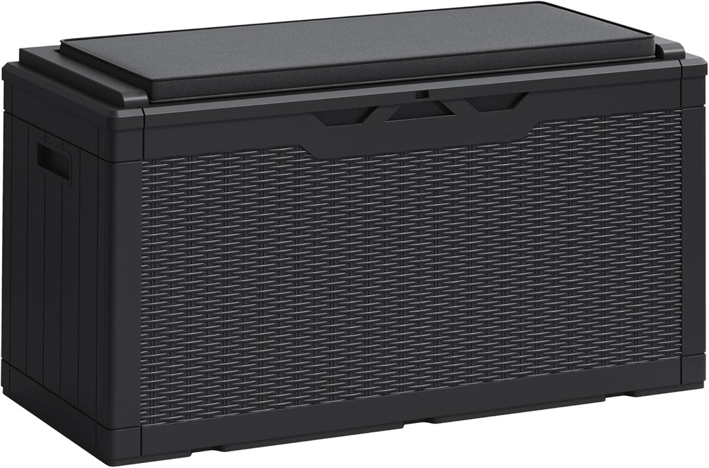 Greesum 100 Gallon Resin Deck Box Large Outdoor Storage Boxes with Cushions for Garden Tools, Patio Furniture Pillows, Pool Supplies, Black