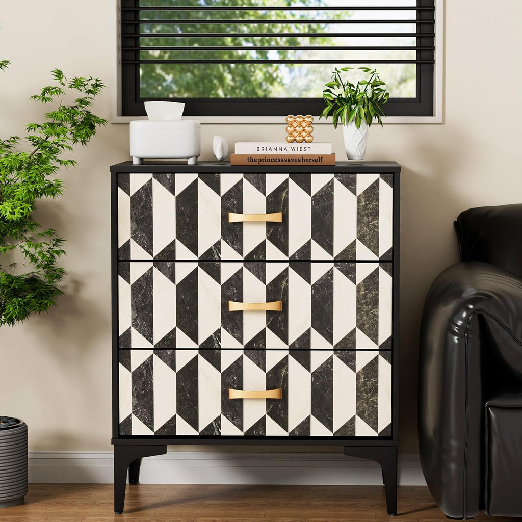 Anbuy Black Marble Nightstand, Modern Night Stand with 3 Drawers for Bedroom, Large Side End Table Bedside Night Tables with Gold Handles & Matel Legs