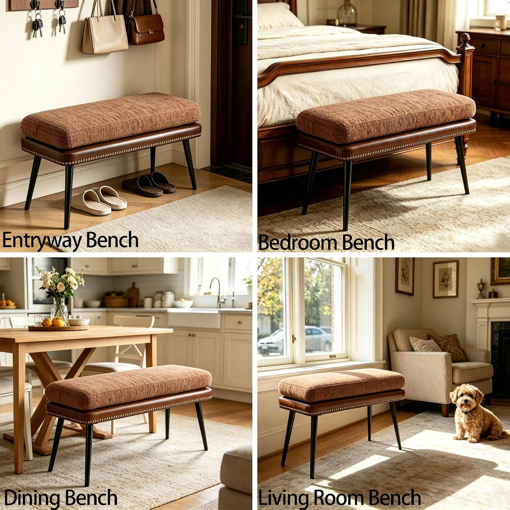 Forteek 32" Retro Upholstered Entryway Bench, Shoe Bench with Cushion | Leather & Fabric Padded Bench, End of Bed Bench for Bedroom, Dining Bench for Living Room, Storage Bench for Hallway & Foyer