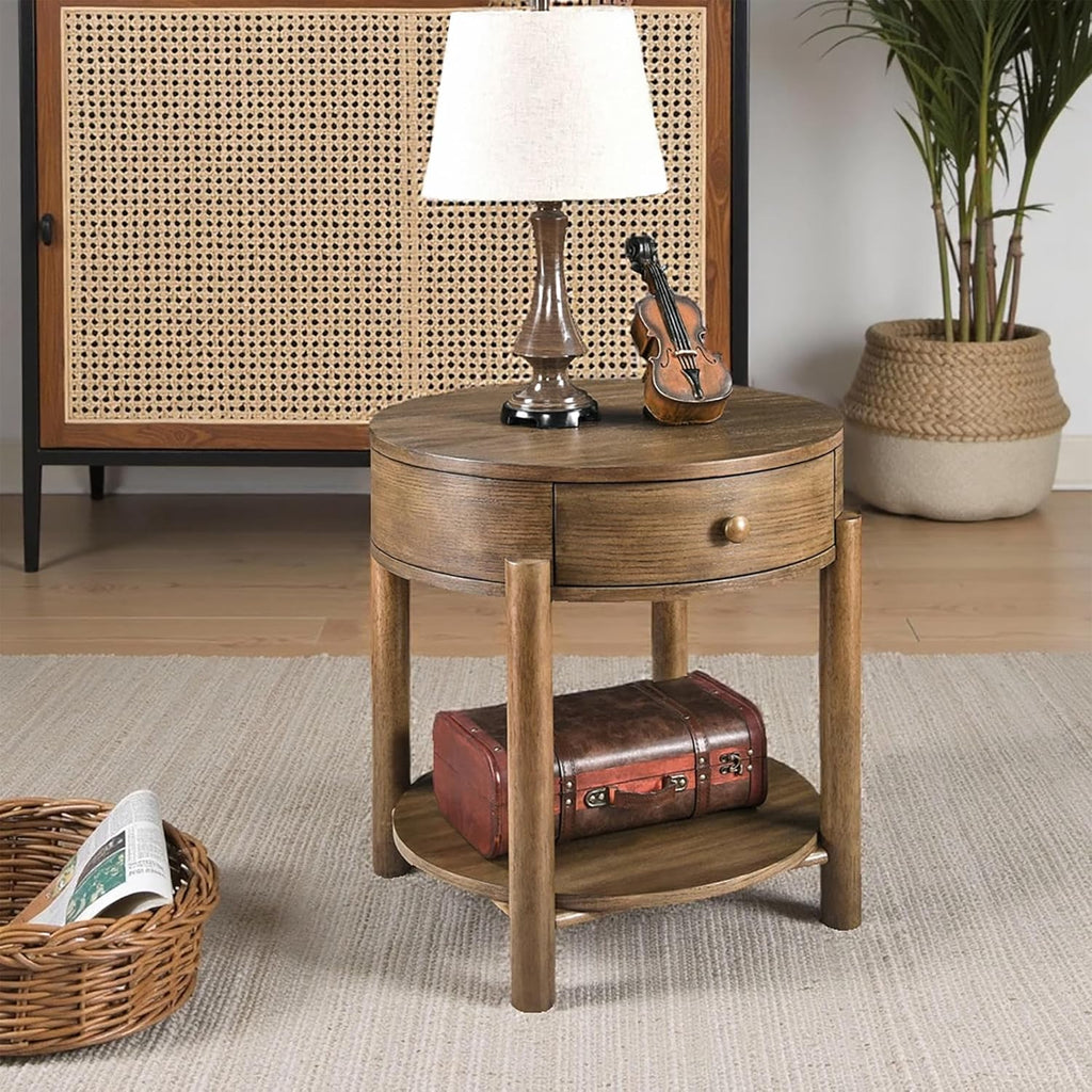 Solid Wood 24" Round End Table with Drawer, 2-Tier Small Sofa Side Table with Open Storage Oak Wood Accent Corner Table Modern Nightstand with Shelf for Living Room Bedroom Office, Brown, 24x25.16in
