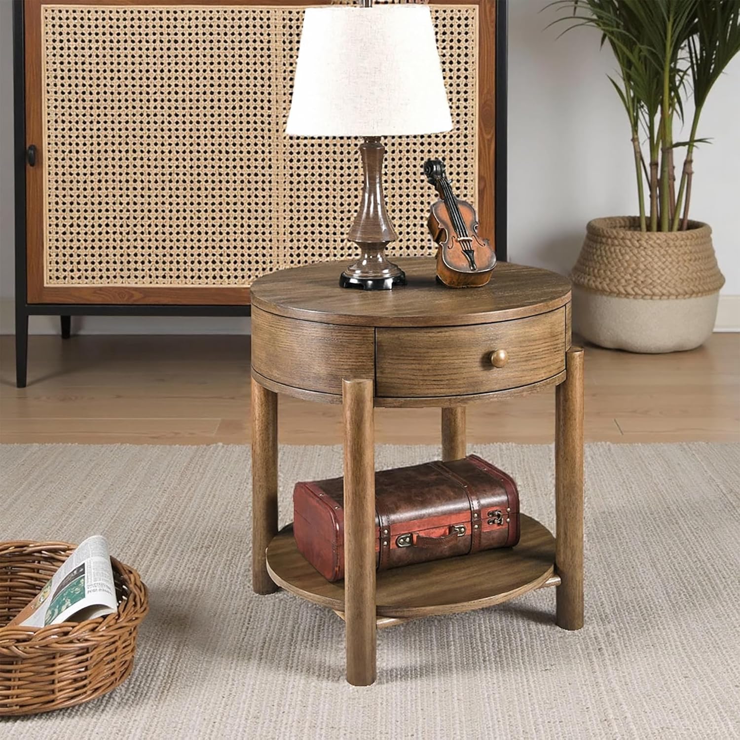 Solid Wood 24" Round End Table with Drawer, 2-Tier Small Sofa Side Table with Open Storage Oak Wood Accent Corner Table Modern Nightstand with Shelf for Living Room Bedroom Office, Brown, 24x25.16in
