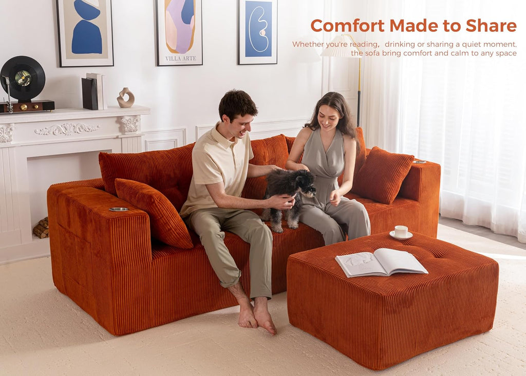 MAXYOYO Couch, L-Shaped Modular Cloud Couch, 4-Seat Sofa, Ottoman | Orange Tufted Sofa in a Box Includes One Ottoman, No Assembly, Offering Flexible 4-Seat Comfort for Modern Living Rooms