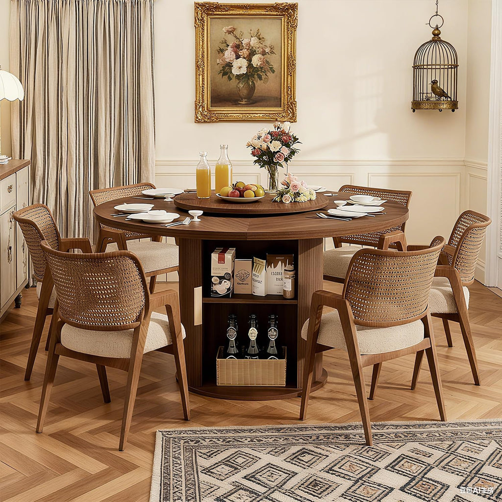 55" Round Dining Room Table with Lazy Susan, Mid-Century Modern Kitchen Table, Pedestal Storage with Wavy Sliding Doors, Seats 6, Stable Rounded Base, Easy-Clean Finish (Walnut)