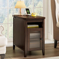 iPormis End Table with Charging Station, Narrow Side Table for Living Room, Farmhouse Night Stand with Storage Cabinet, Wood Bedside Table for Bedroom Small Space, Walnut