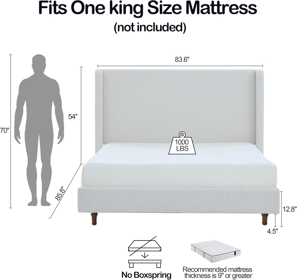 Upholstered Bed Frame with 54" Tall Wingback Headboard, Elegant Boucle Fabric, Solid Wood Legs, Sturdy Metal Structure, No Box Spring Needed, Easy Assembly (Cream White, King)