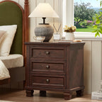 SAVOR LIFE 3-Drawer Nightstand Set of 2 with Solid Wood Legs,Walnut | Pair of three-drawer bedside tables with sturdy square wood legs for matching bedroom storage or living-room end tables