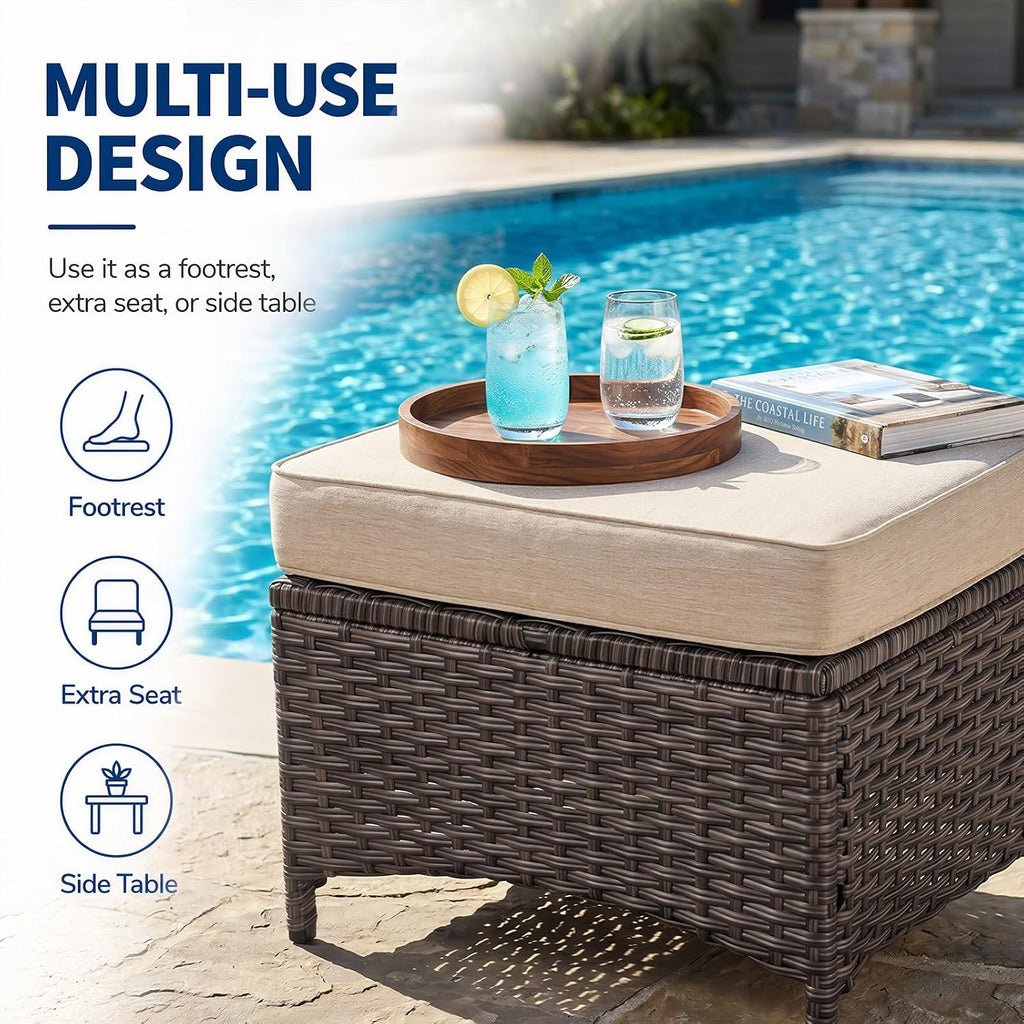 Outdoor Ottoman Set of 2, Rattan Patio Ottoman Footrest Seat with Thickened Cushions, for Yard, Poolside