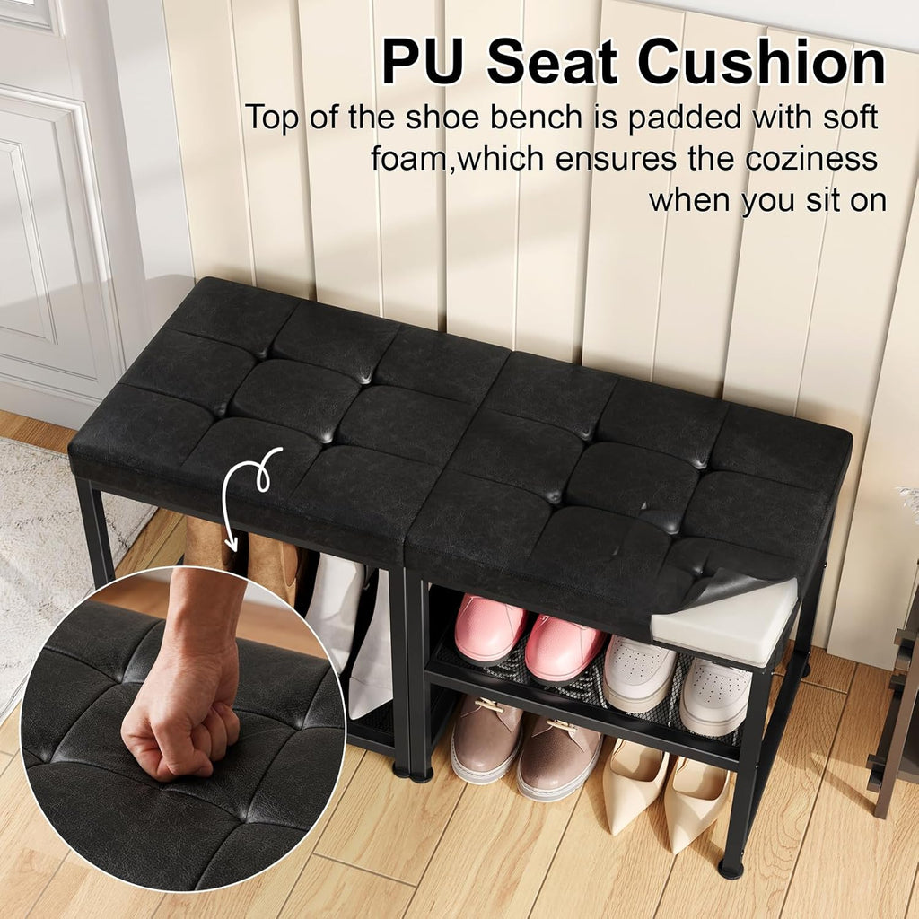 DreamDashio Set of 2 Small Shoe Storage Benches with PU Leather Cushion, 3-Tier Shoe Rack Organizer for Entryway, Metal Mesh Shelves, Holds Up to 300 lbs, Black (31.5"x11.4"x17.5")