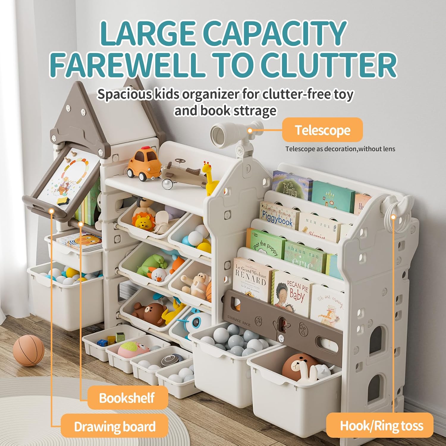 UNICOO Kids Toy Storage Organizer with Bookshelf, 14-Bin Playroom Organizer and Bookcase, HDPE Toddler Storage Shelf with Drawing Board, for Nursery, Bedroom and Playroom (Brown)