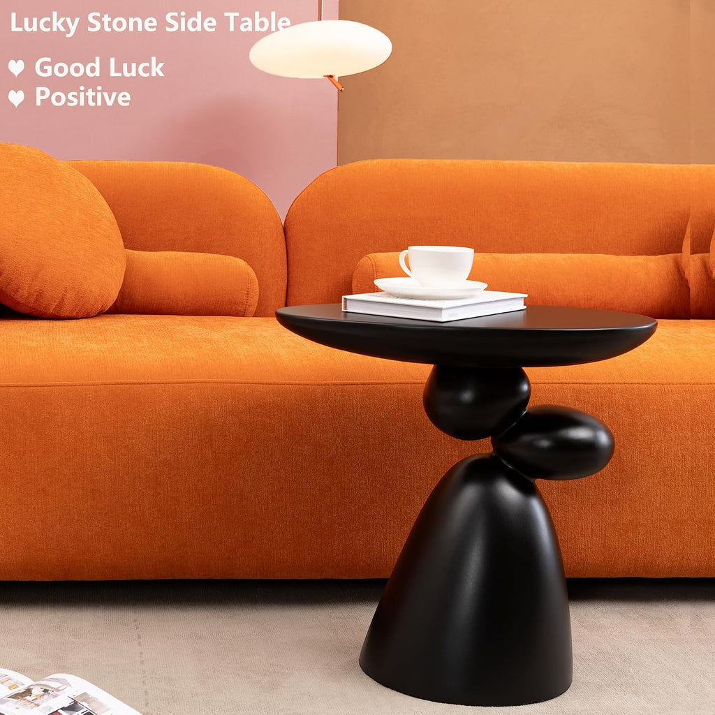 20" Lucky Stone-Shaped Oval End Table, Modern Minimalist Glass Fiber Side Table, Sculptural Base Living Room Accent Table, Suitable for Apartments, Black