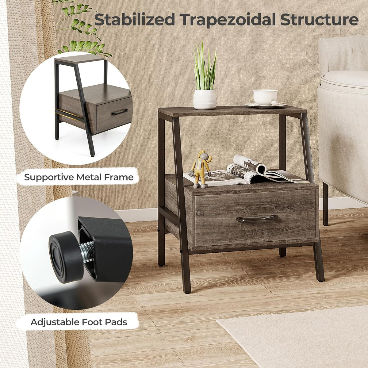 Giantex Farmhouse Nightstand with Drawer and Open Shelf, 2-Tier Bedside Table with Metal Frame, Stable End Table for Bedroom or Living Room, Rustic Gray