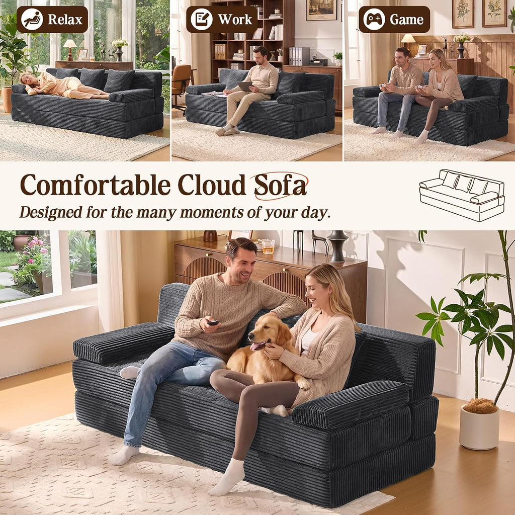 78.7IN Convertible Folding Sofa Bed, 3 Seater Sleeper Sofa Couch | No Assembly Required, Corduroy, Freestanding, Couches Bed with Zippered Pillows for Living Room, Bedroom, Apartment, Gray