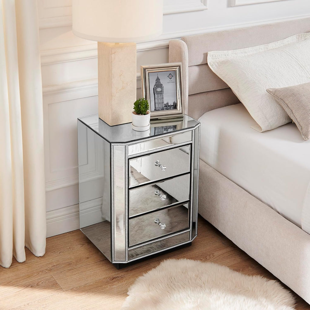 IKIFLY Mirrored Nightstand with 3 Drawers, Silver End Table with Pearl Lines, Accent Side Table for Living Room, Bedroom and Office