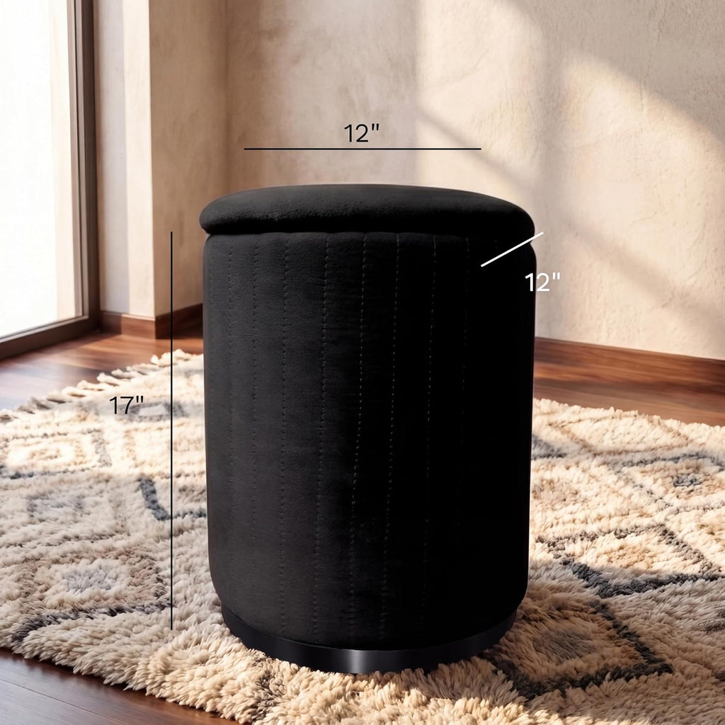 Boahaus Modern Black Suede Vanity Stool with Hidden Storage, Soft Cushioned Seat & Footrest Ottoman for Bedroom, Makeup Vanity, or Living Room – 17” Height