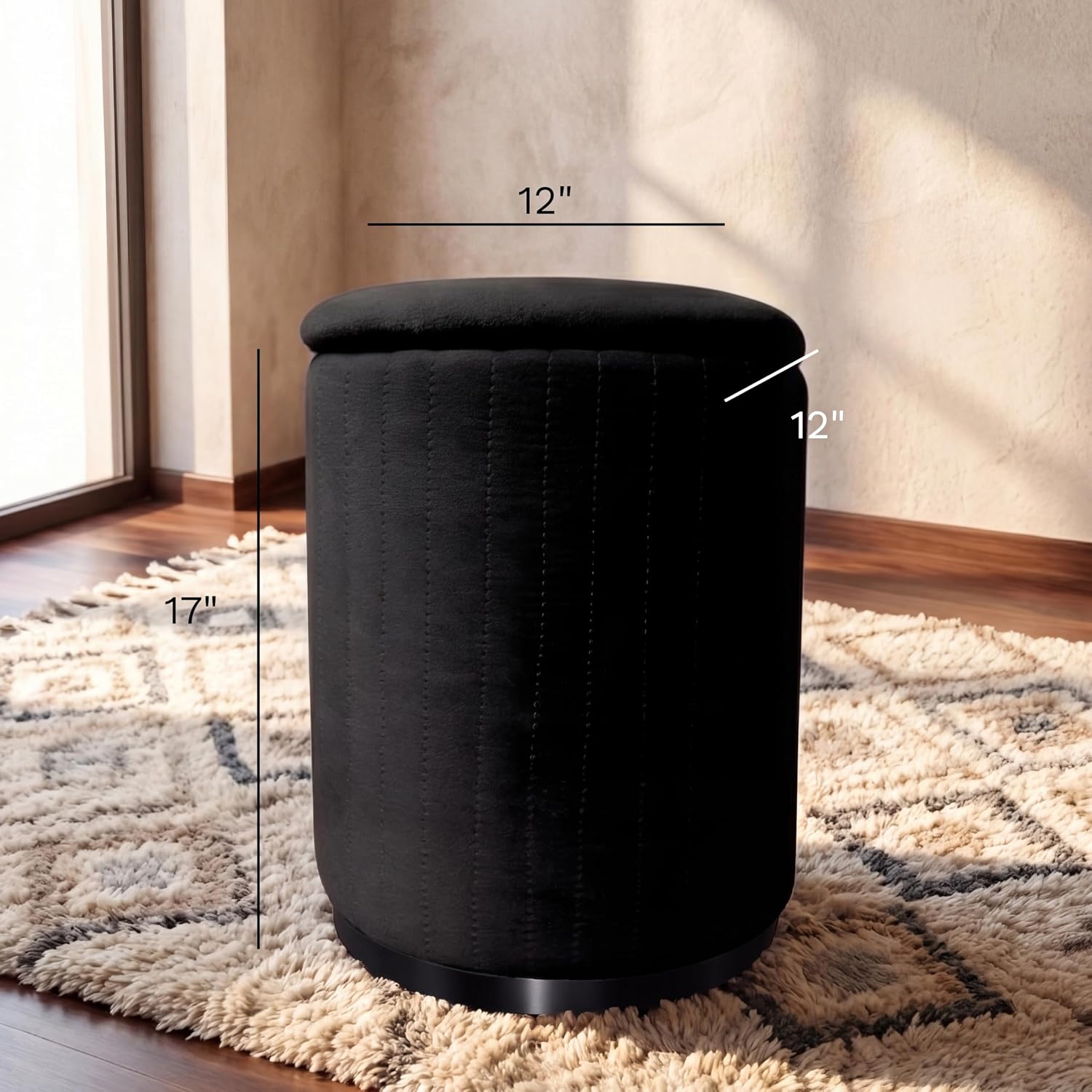 Boahaus Modern Black Suede Vanity Stool with Hidden Storage, Soft Cushioned Seat & Footrest Ottoman for Bedroom, Makeup Vanity, or Living Room – 17” Height