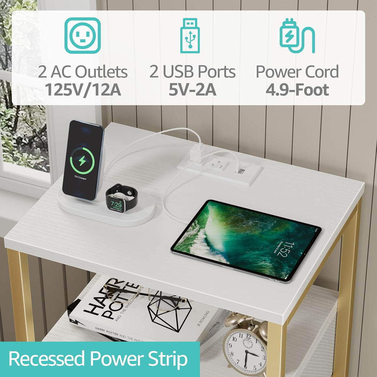 BOLUO Gold Nightstand with Charging Station, LED Night Stand with 2 Fabric Drawers, Bedside Table with USB Ports and Outlets, Nightstand for Bedroom Modern