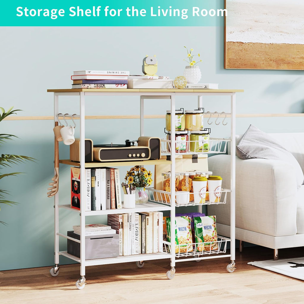 HapiRm Rolling Kitchen Microwave Cart - 4 Tier Microwave Table Stand with Pull-Out Baskets, Coffee Bar Baker's Rack with Wheels Rolling Storage Cart Organizer Shelf for Living Room Office, Balcony