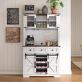 Coffee Bar Cabinet with Sliding Barn Doors 71'' Farmhouse Pantry Cabinet with Drawers & Wine Glass Rack Rustic Buffet Cabinet for Kitchen, White and Brown