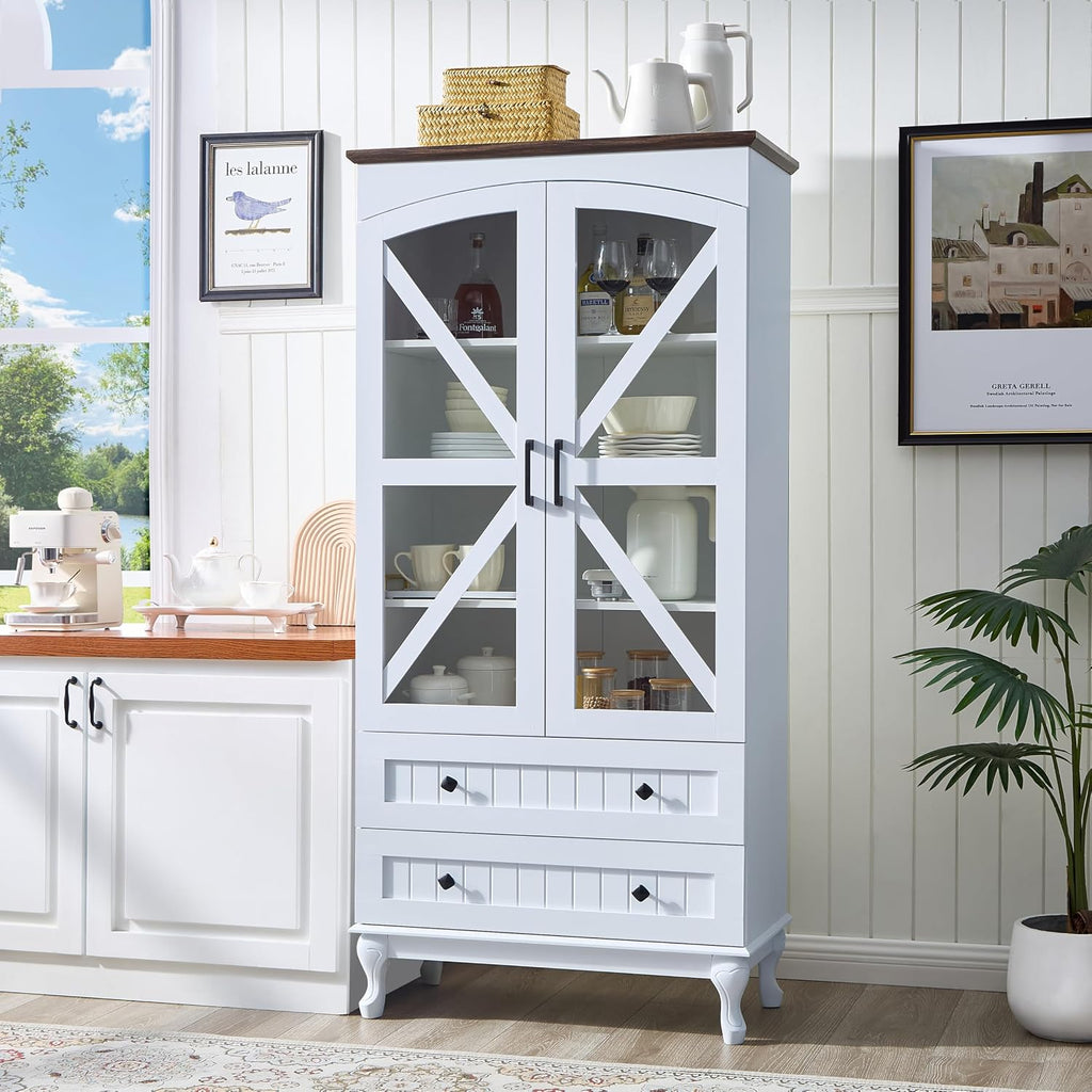 72" Tall Pantry Cabinet, Wood Arched Kitchen Pantry Storage Cabinets with 2 Glass Door and Adjustable Shelves, White Farmhouse Buffet Cupboard for Kitchen, Dining Room, Living Room and Bathroom