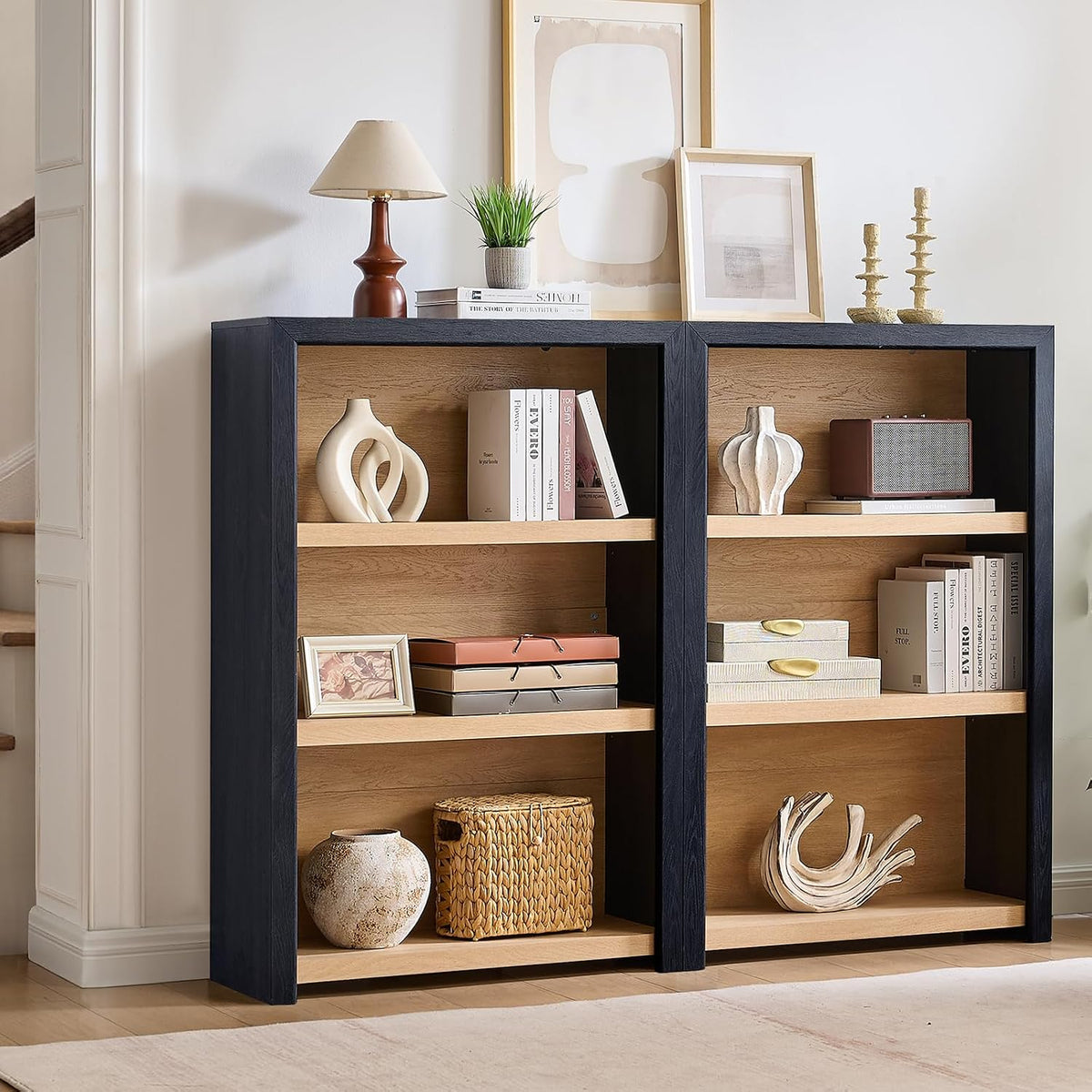 Book Shelf, 3-Tier Bookshelf with Adjustable Shelves,Free Standing Modern 48'' Tall Bookcase with Open Display Storage,Floor Vintage Bookshelves for Living,Office (2, Gray Black / Natural, 3-Tier)