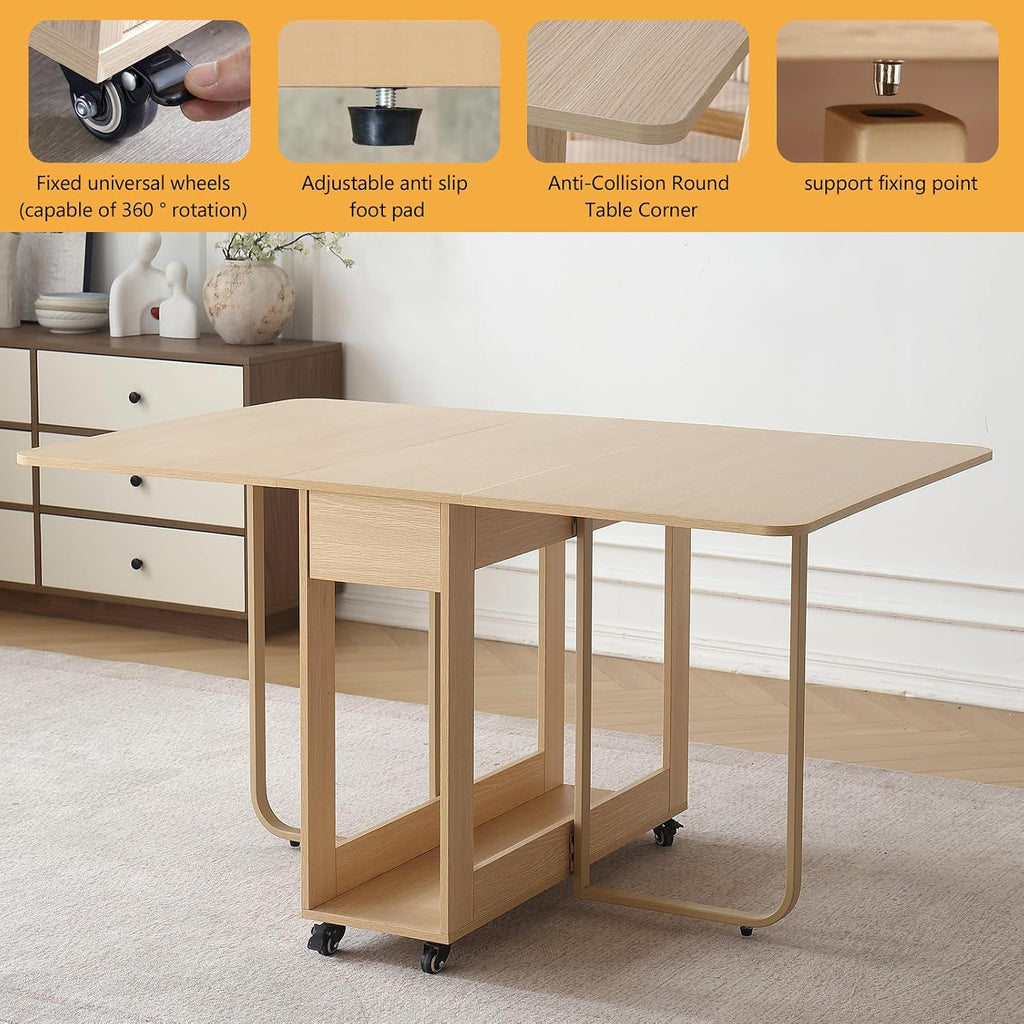 Folding Dining Room Table for 4/6 with 35.4" Extra Wide Space Saving Drop Leaf Table with Lockable Wheels & Storage, Heavy Duty Eco Solid Wood Top 300lb, Convertible Desk for Apartments/RV/Home Office