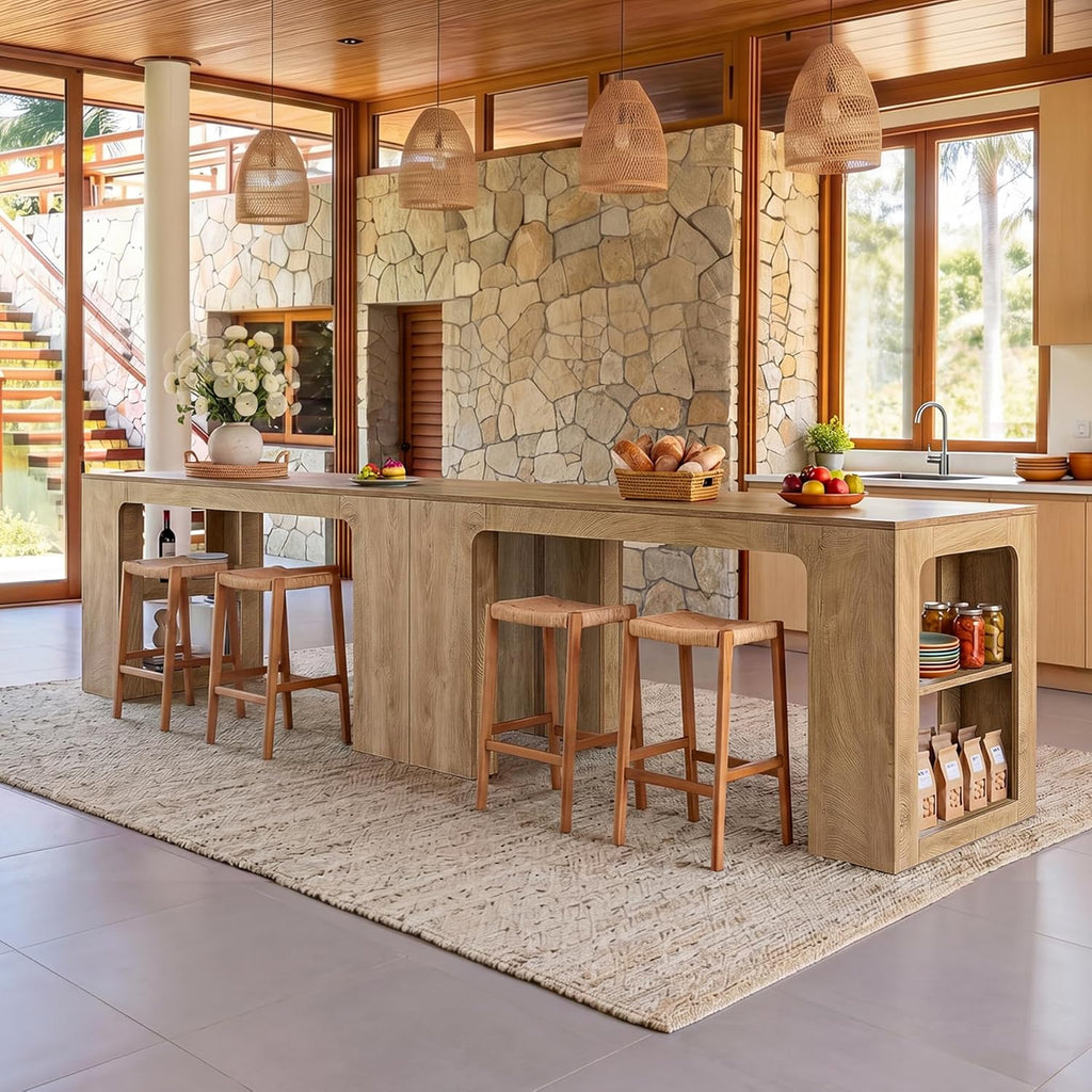 Tribesigns 63'' Long Kitchen Island with Storage, Wooden Counter Height Stationary Island Stand with 2 Shelves and Spacious Legroom, High Top Table for Kitchens, Brown, 2PCS