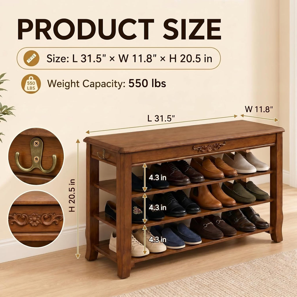 Shoe Rack Bench with Lift-Top Storage,3-Tier Shoe Storage Bench with Wooden Seat,550lbs Heavy Duty Entryway Bench for Hallway,Foyer,Front Door,Closet,Shoe Organizer Bench,31.5"