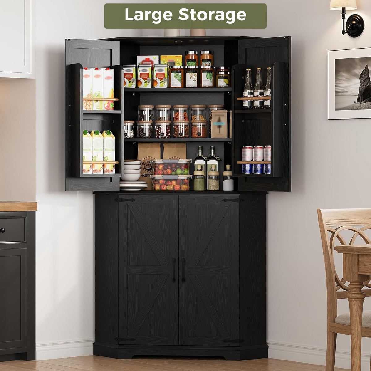 IRONCK Corner Cabinet, 72" Kitchen Pantry Cabinet, 6-Tier Freestanding Farmhouse Pantry with 2 Adjustable Shelves, 240°Swivel Doors, 2 Doors Storage, Spacious Hutch for Kitchen, Living Room, Black