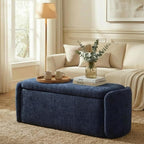 VKNOW Storage Bench, Upholstered Storage Ottoman Bench with Hinge, Navy | Ottoman Bench with Large Capacity, Curved Frame, Soft Fabric, Storage Bench for Bedroom, Living Room, Entryway, Window