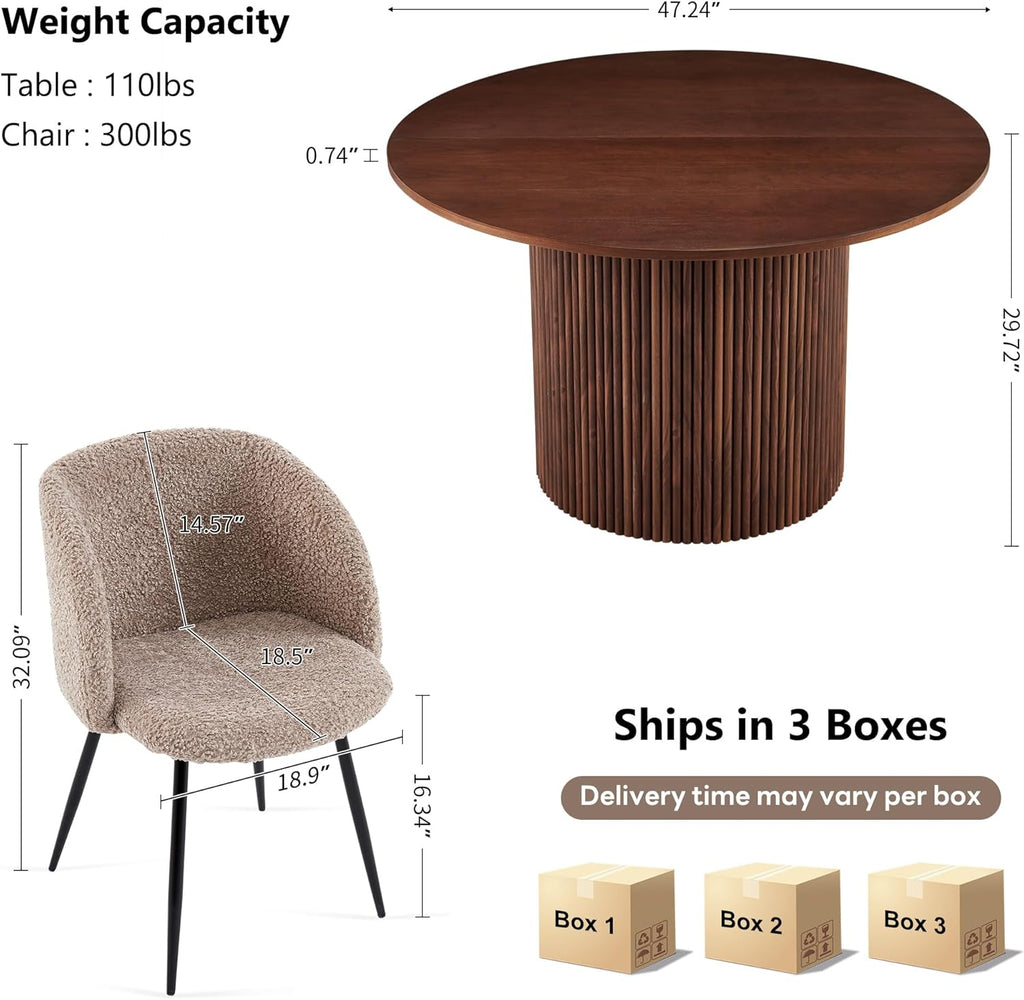 NORDICANA 5-Piece Wooden Round Dining Room Table and Chair Set, 47-Inch Kitchen Table with Barrel Chairs for 4, Brown Upholstered Sherpa Dining Set, MDF Core with Walnut Finish
