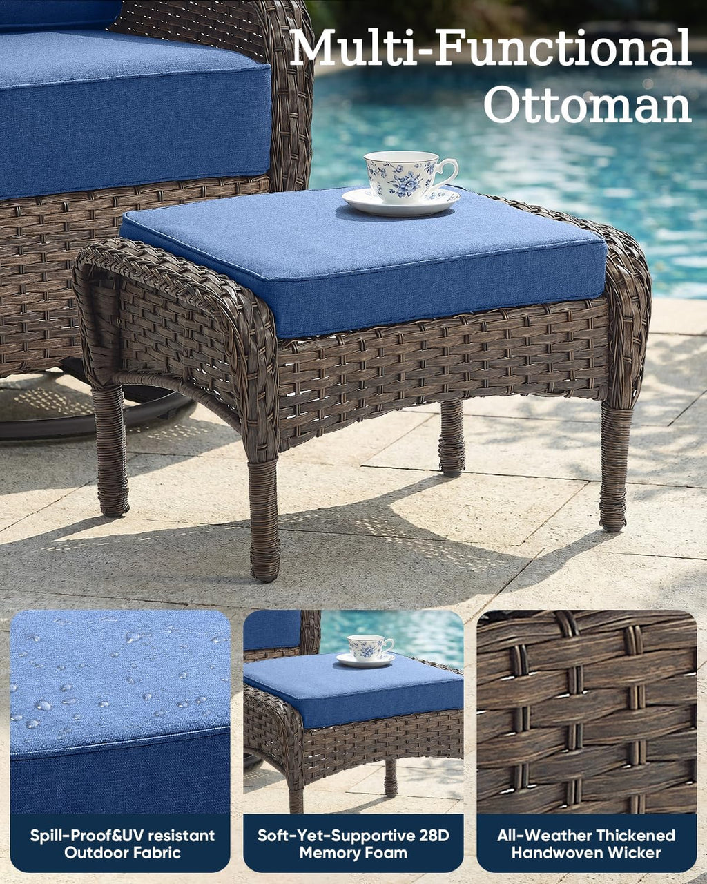 Outdoor Ottomans Patio Footrest Set of 2 - High Back Comfortable Brown Wicker Rattan Steel Frame Footstool Additional Bench Side Table for Porch Balcony Deck Garden Poolside - Navy Blue