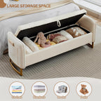 66" End of Bed Storage Bench King Size, Velvet Storage Benches for Bedroom Foot of Bed, Upholstered Storage Ottoman Bench with Golden Legs and Pillow for Living Room Window Entryway, Cream