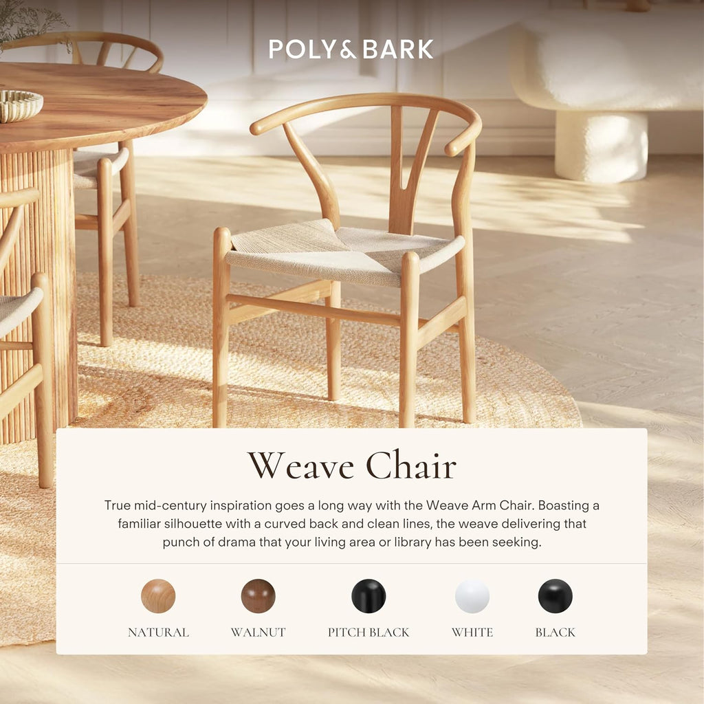 POLY & BARK Weave Dining Chair – Mid-Century Modern Wishbone Dining Chair with Arms, Solid Wood Frame, Indoor Use – Oak – Single - Ideal for Dining Room, Kitchen, or Stylish Accent Setting