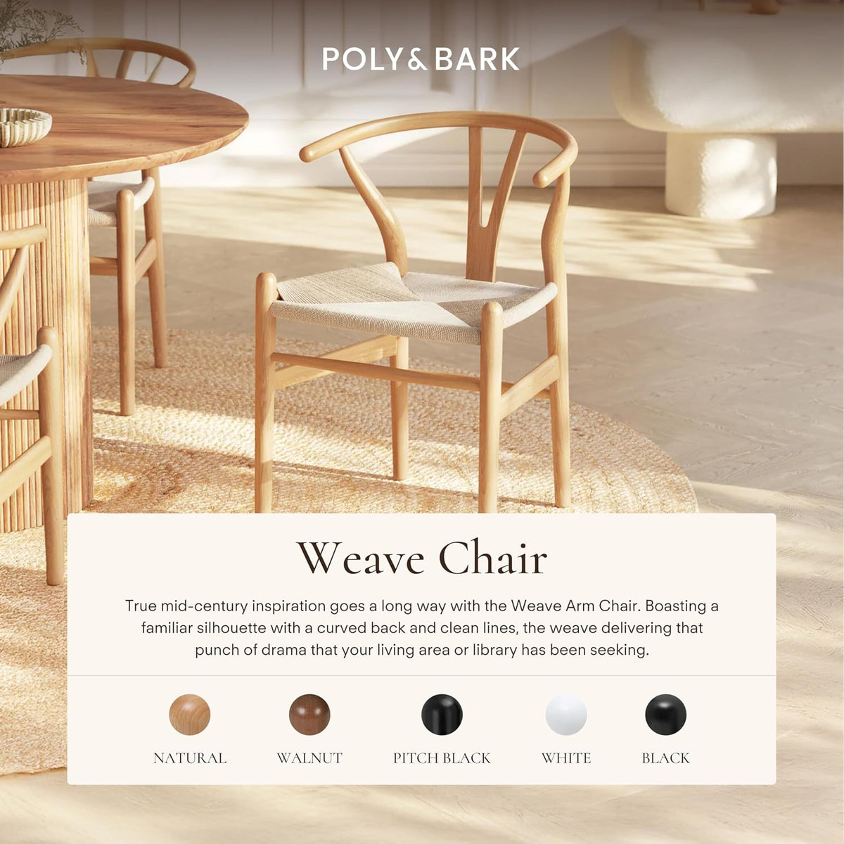 POLY & BARK Weave Dining Chair – Mid-Century Modern Wishbone Dining Chair with Arms, Solid Wood Frame, Indoor Use – Oak – Single - Ideal for Dining Room, Kitchen, or Stylish Accent Setting
