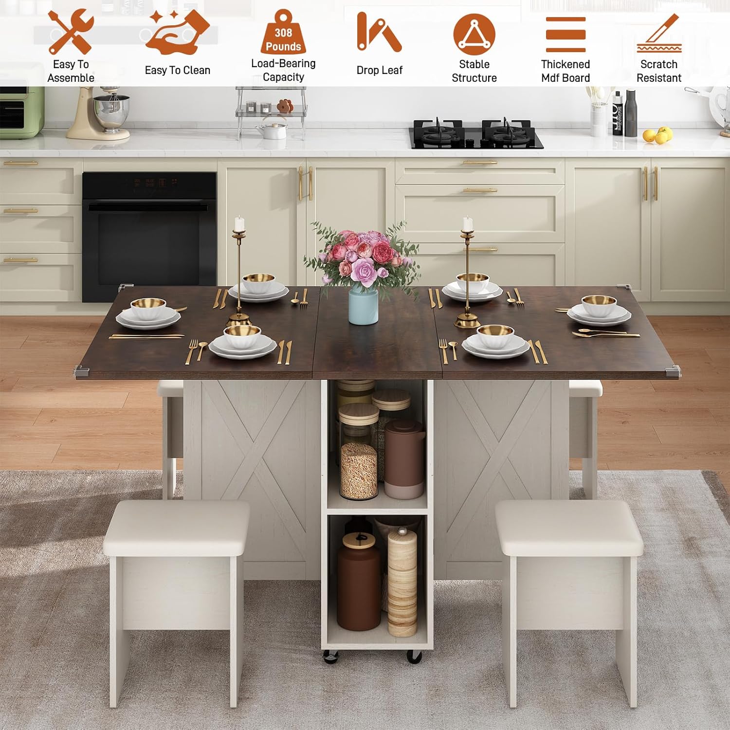 5 PCS Farmhouse Dining Table Set for 4,60" Large Folding Dining Table Set w/ 4 Leather Chairs, Drop Leaf Foldable Kitchen Table for Small Spaces,Barn Door Design,6 Wheels,2-Layer Storage Shelf,Brown