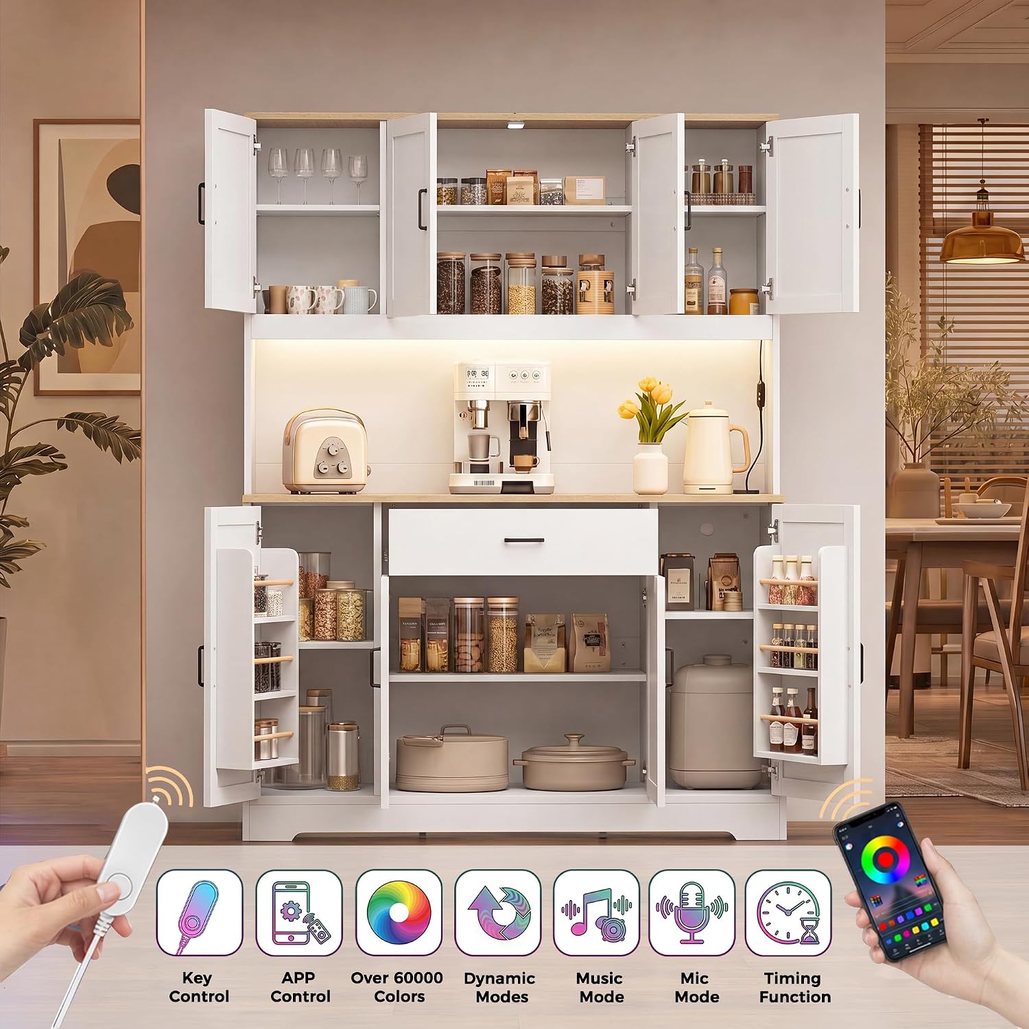 FUQARHY 71" Kitchen Pantry Storage Cabinet, Tall Kitchen Hutch with Charging Station, 55" Wide Large Food Pantry Storage Cabinet with LED Light, Drawers and Adjustable Shelf for Dining Room (White)