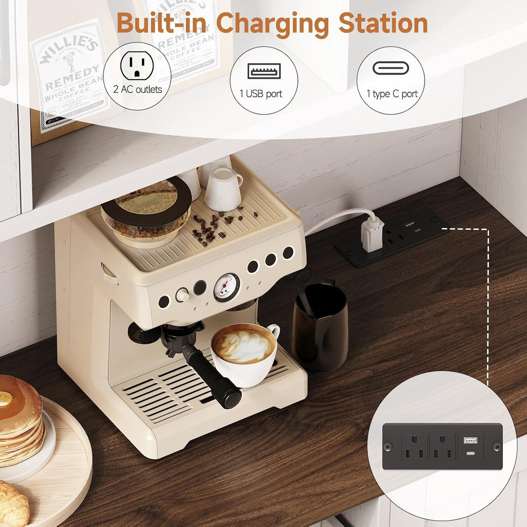 ONBRILL 71" Kitchen Pantry Cabinet with LED Light/Outlet, Off White+Walnut | Pantry Cabinet, Kitchen Hutch with Microwave Shelf & 6 Hooks, Door Shelves & Drawer & Adjustable Shelves, for Dining Room