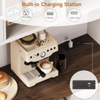 ONBRILL 71" Kitchen Pantry Cabinet with LED Light/Outlet, Off White+Walnut | Pantry Cabinet, Kitchen Hutch with Microwave Shelf & 6 Hooks, Door Shelves & Drawer & Adjustable Shelves, for Dining Room