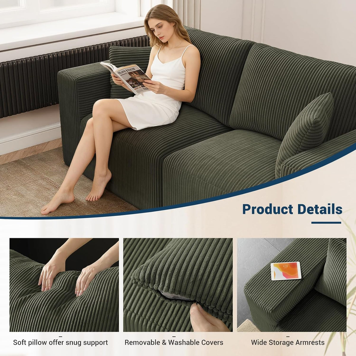 Modular Loveseat Couch Cloud Couches for Living Room - 79" Sofa - No Assembly Required, Cozy Corduroy Convertible Full Sponge Compression Sofas for House, Apartment(Green)
