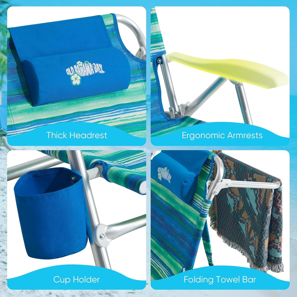 Old Bahama Bay Beach Chairs for Adults, 7-Position Classic Lay Flat Beach Chair Reclining Beach Chair, Portable Aluminum Backpack Beach Chair with Towel Bar & Cooler Bag