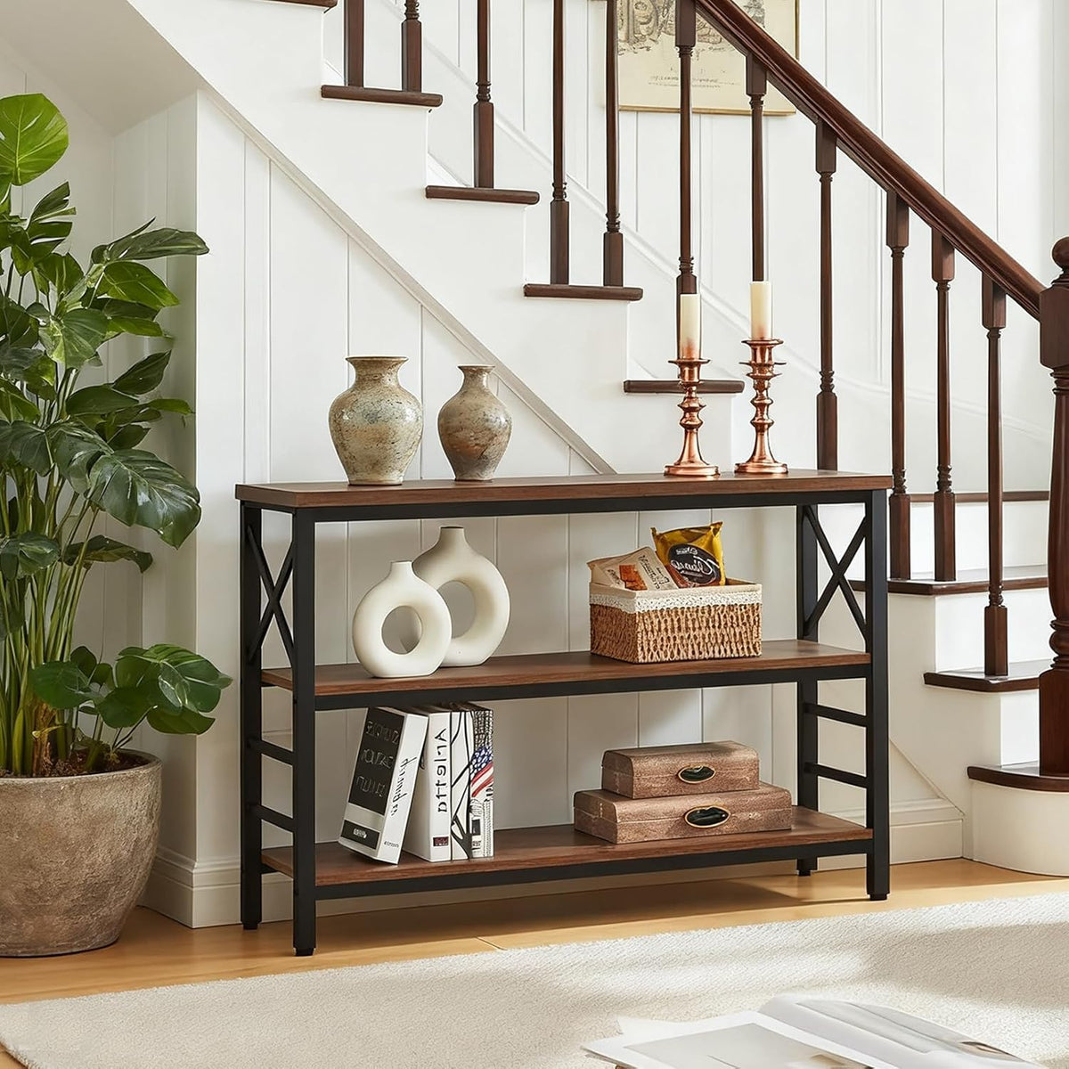 Hombazzar 3-Tier Sofa Table,Console Tables for Entryway,Brown 47" | Stable Support,Multi-functional use for home,Easy Assembly,Scratch Resistant & Rustproof